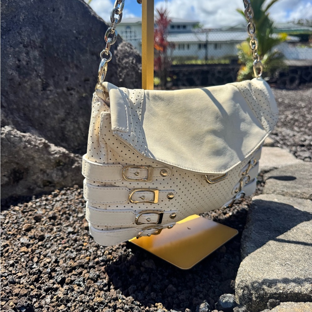 Jimmy Choo Egg Shell White Leather Perforated Shoulder Bag with Buckle Detail - Picture 5 of 17